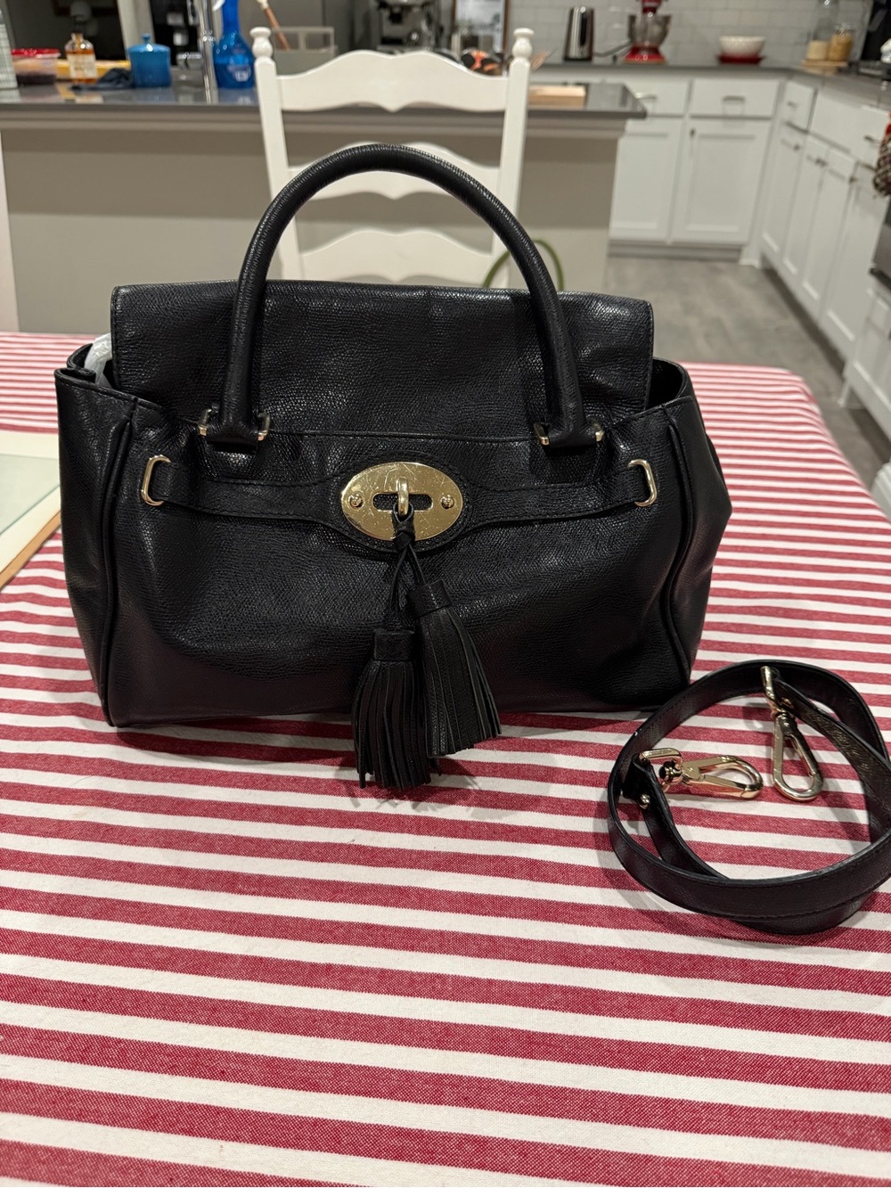 Talbots Black Leather Top-Handle Satchel with Tassel